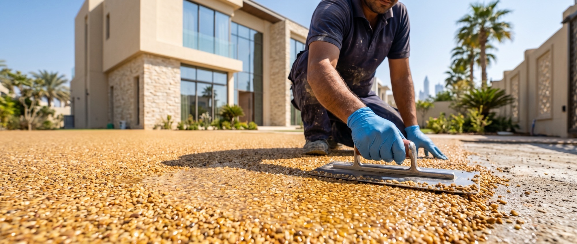 Installers trowelling a resin bound surface