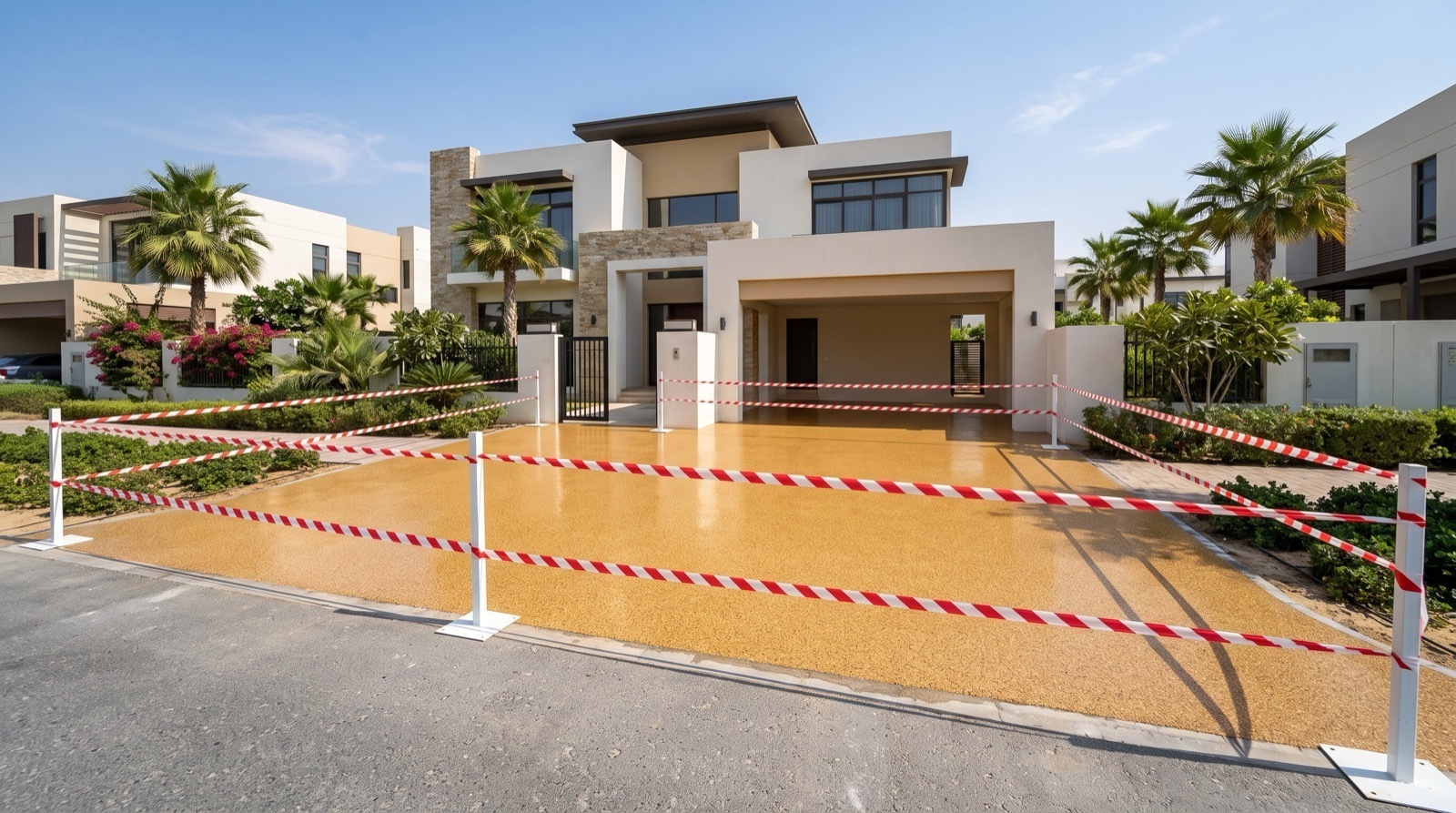 Resin bound terrace beside a planted garden