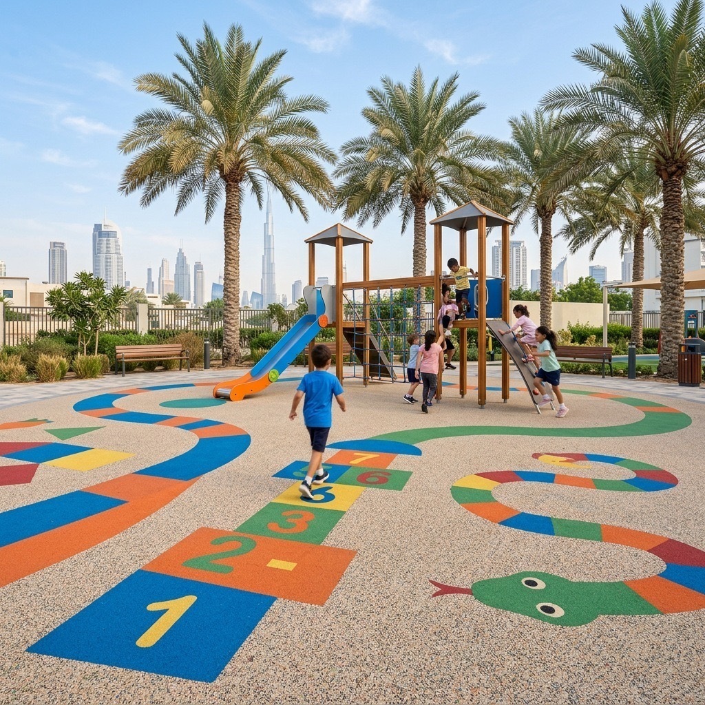Colourful wet pour safety surface on a play area