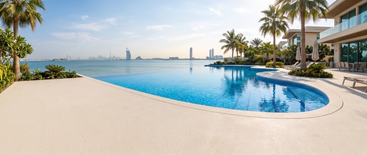 Swimming pool deck with palms and a city skyline