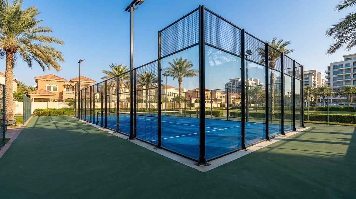 Illustrative image of a court surface with nets, not a completed project