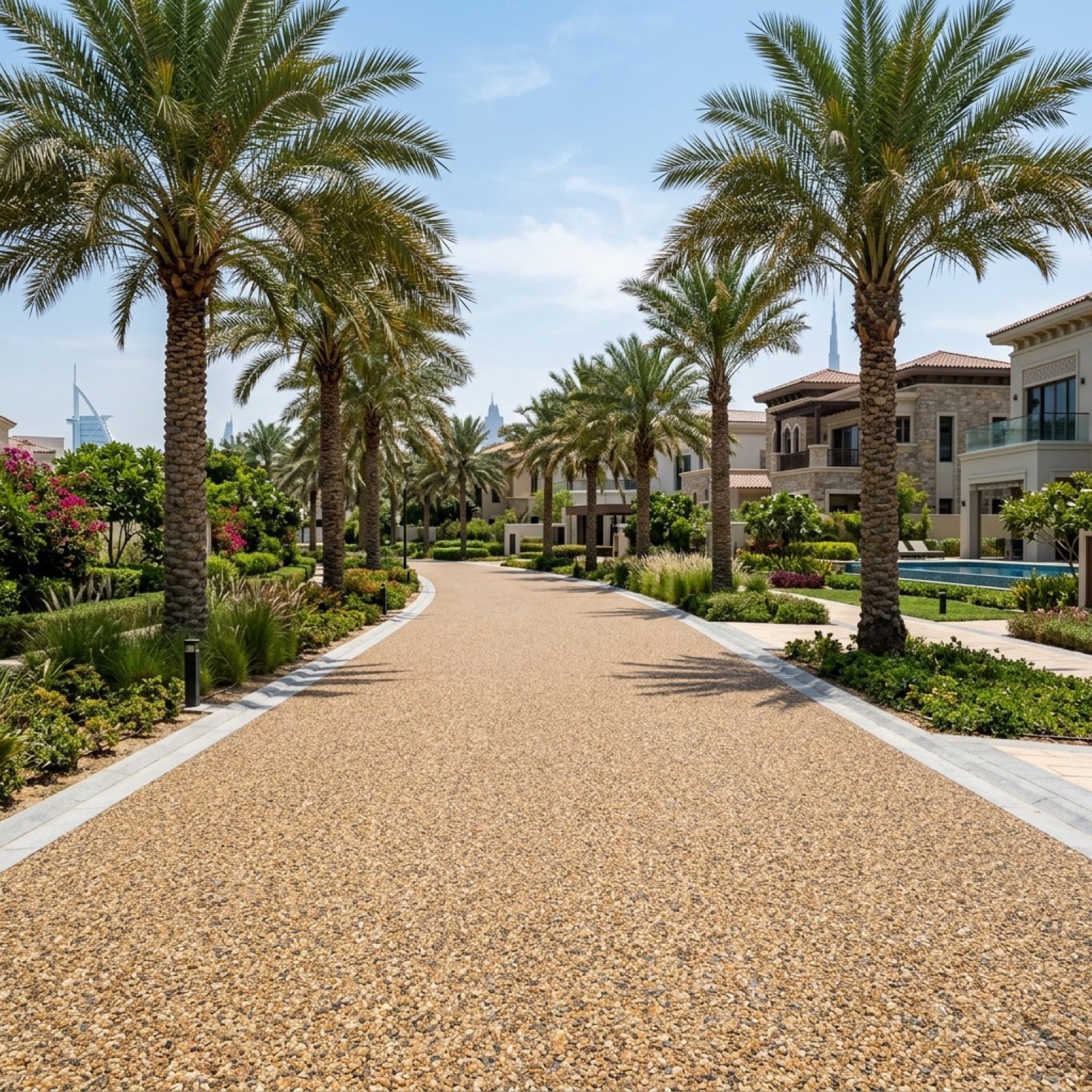 Tree lined drive surfaced in a light resin blend