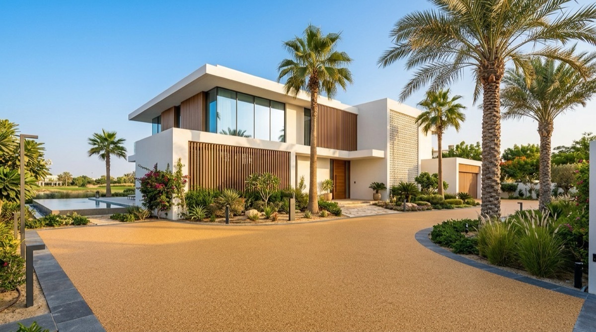 Villa driveway in a golden resin bound blend