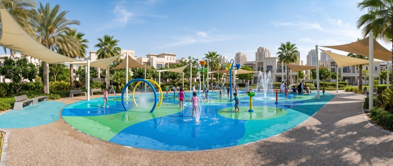 Colourful wet pour splash pad surface